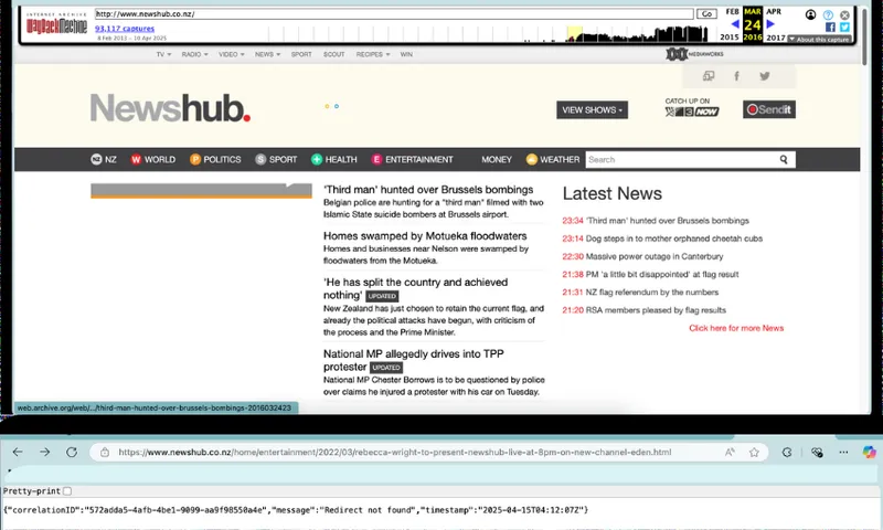 a screenshot of the Newshub website from 2016 and a 'dead domain' redirect