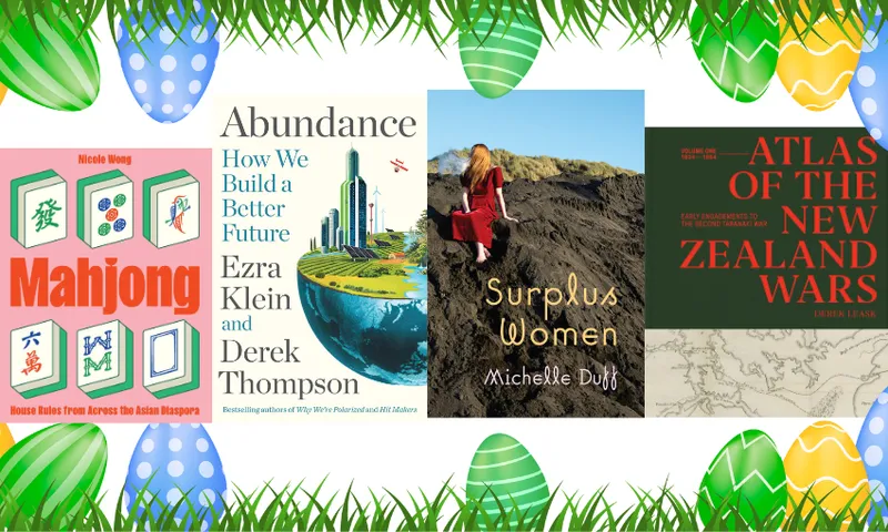 Four book covers with grass and easter eggs below and above them.