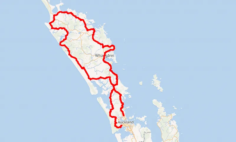 A map showing northern New Zealand, with a red line marking a route starting from Auckland, passing through Whangārei, and looping around the Northland region.