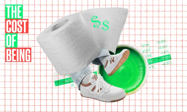 Collage of toilet paper rolls, legs in jeans and sneakers, a cup of green matcha, and dollar signs, with "THE COST OF BEING" in bold colored text on a red grid background with numbers.