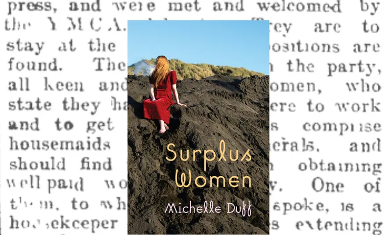 The cover of Surplus Women by Michelle Duff features a red-headed woman sitting on rocks with a red velvet dress on.
