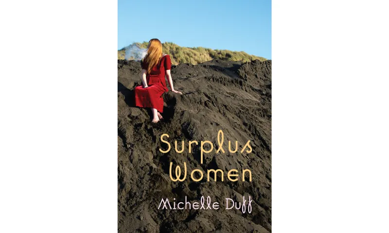 The cover of Surplus Women by Michelle Duff features a red-headed woman sitting on rocks with a red velvet dress on.