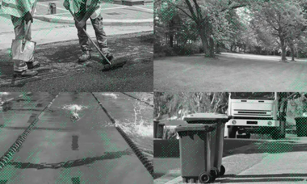 A collage of four images: workers repairing a road, a grassy park with trees, a swimming pool lane with swimmer, and garbage bins beside a truck on a residential street.