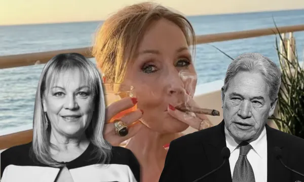 JK Rowling sits by the ocean at sunset, holding a drink and smoking a cigar. In the foreground are two black-and-white cutouts: NZ First MPs Jenny Marcroft smiling and Winston Peters at a podium.