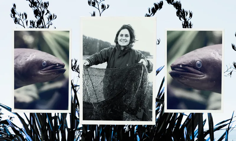 A collage features a black-and-white photo of a smiling researcher, Jane Kitson, holding a fishing net, flanked by two colour images of freshwater eels facing inward, with dark harakeke silhouettes in the background.