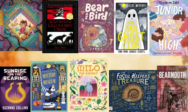 Ten book covers with autumn leaves behind them.