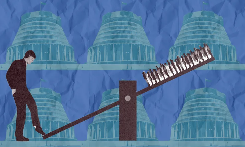 A person steps on one end of a seesaw, lifting a group of people on the other end, against a background of repeated images of a government building with a rounded dome.