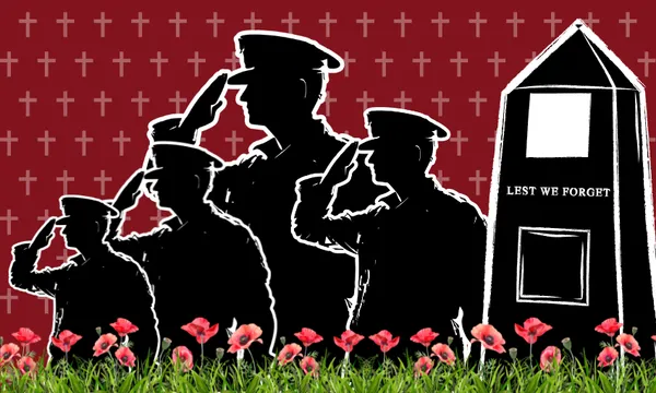 Silhouettes of four saluting soldiers stand beside a memorial that reads "Lest We Forget." Poppies and grass are in the foreground, with white crosses on a red background behind them.