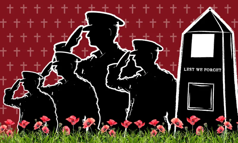 Silhouettes of four saluting soldiers stand beside a memorial that reads "Lest We Forget." Poppies and grass are in the foreground, with white crosses on a red background behind them.