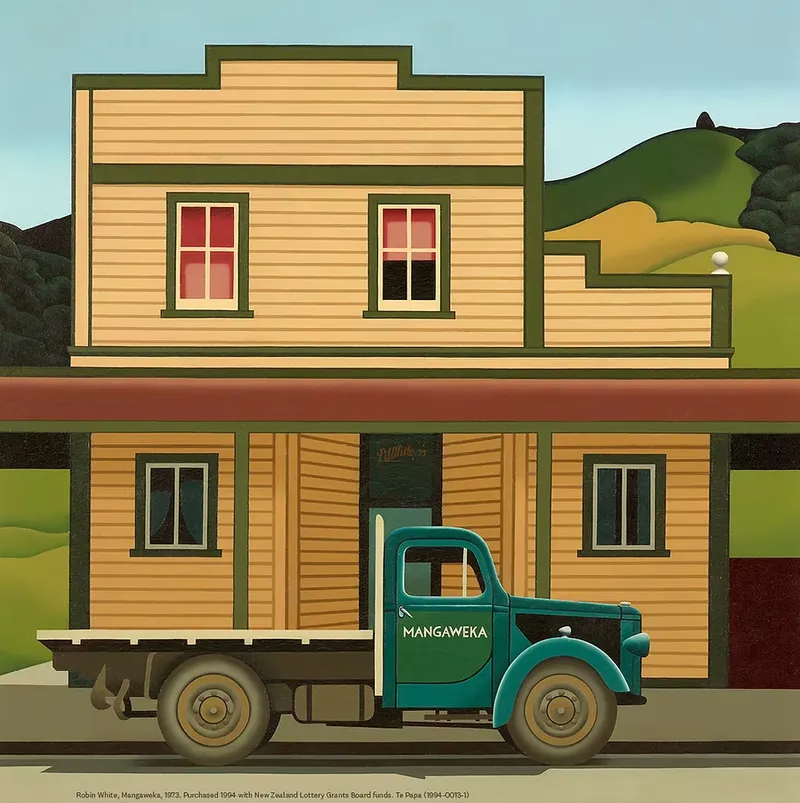 painting of an old weatherboard two storey building with truck in front