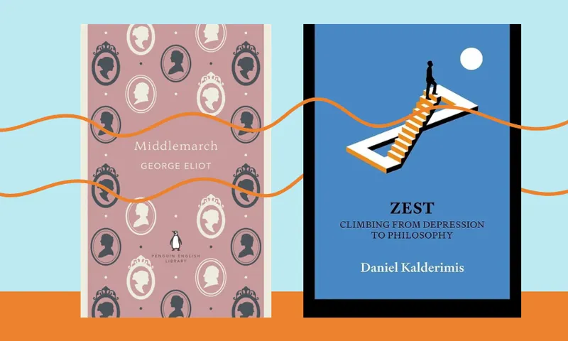 Two bookcovers side by side with an orange thread wrapping around them.