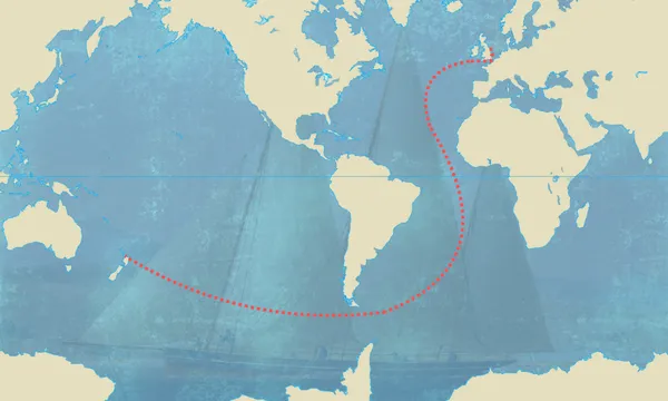 A world map with a red dotted line tracing a sailing route from England, down the Atlantic Ocean, around Africa’s southern tip, and ending in Australia. A faint image of a sailing ship is in the blue ocean background.