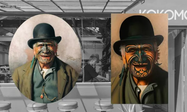 Side-by-side portraits of a smiling man with a bowler hat and traditional Maori facial tattoos, set against a dark green background. The left image is oval-shaped and realistic, the right is rectangular and more stylised.
