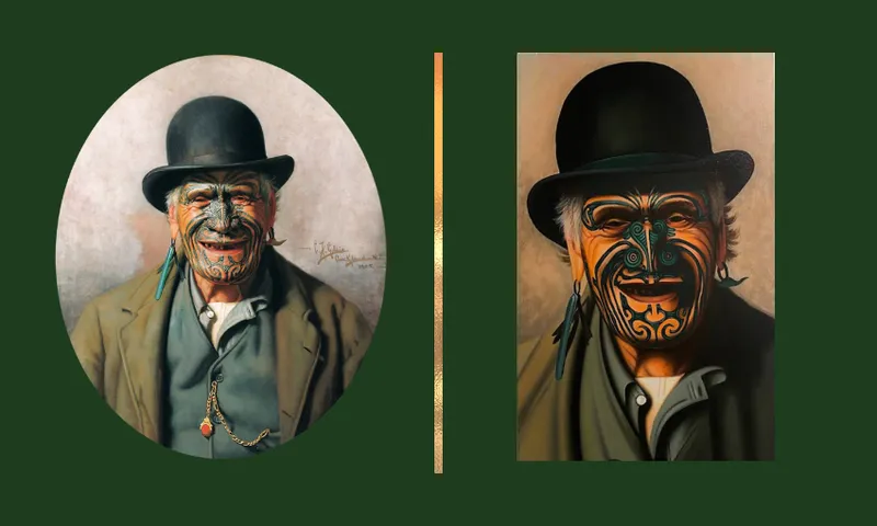 Side-by-side portraits of a smiling man with a bowler hat and traditional Maori facial tattoos, set against a dark green background. The left image is oval-shaped and realistic, the right is rectangular and more stylised.