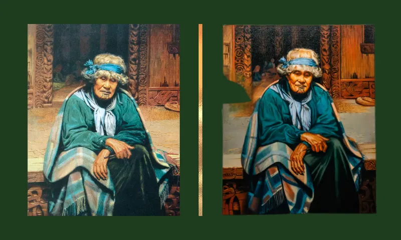Two painted portraits of an elderly woman with grey hair and a blue headband, wearing a green shawl and plaid blanket, sitting on a step in front of a wooden structure. The image is split down the middle.
