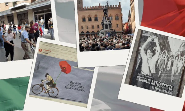 A collage featuring Italian street scenes, a protest in a city square, a poster of a cyclist with a red poppy, and a black-and-white poster with antifascist slogans, overlaid on an Italian flag background.