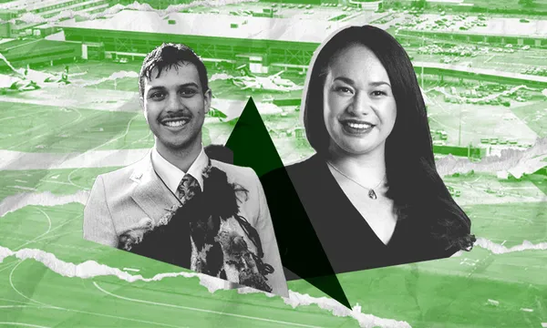 A man in a suit and a woman in a black top are shown in black and white against a green-toned background of an airport with airplanes and parked cars. Torn paper and geometric shapes overlay the image.