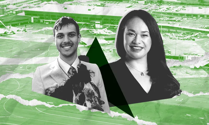 A man in a suit and a woman in a black top are shown in black and white against a green-toned background of an airport with airplanes and parked cars. Torn paper and geometric shapes overlay the image.