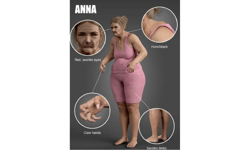 An AI image showing an old haggard-looking woman with various health concerns highlighted