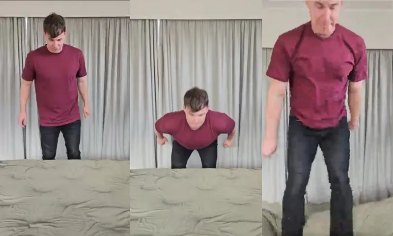 Three images showing a man in black jeans and a red t-shirt jumping onto a bed