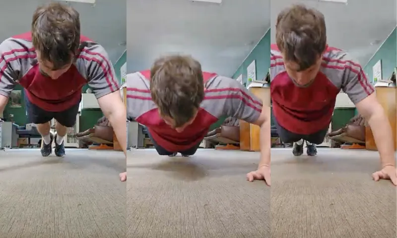 Three images showing a man in a red t-shirt doing press ups