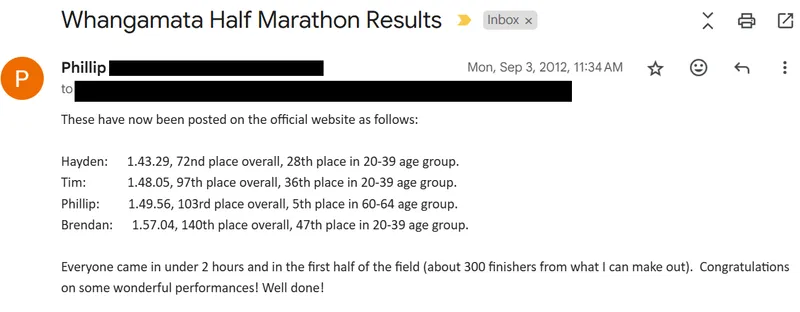 A screenshot of an email detailing half marathon finish times with the author the fastest