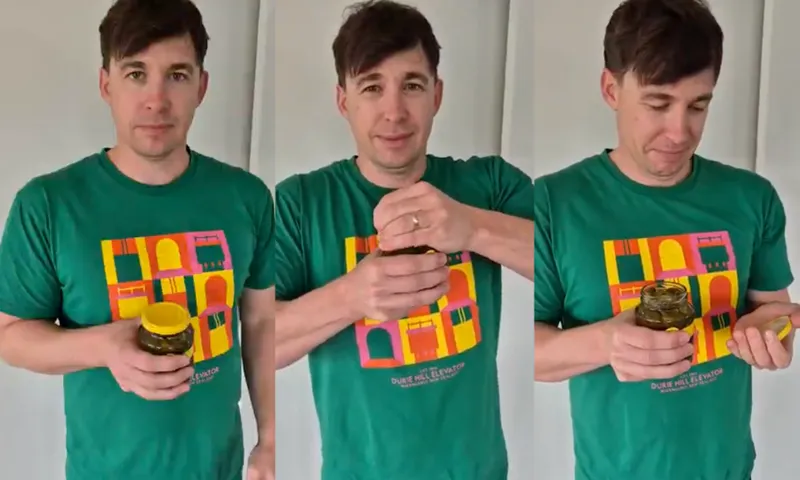 Three images showing a man in a green shirt opening a jar