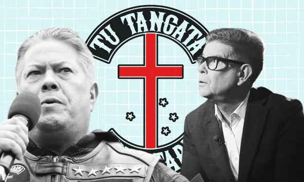 A black-and-white collage featuring a man in a leather jacket holding a microphone, another man in glasses and a suit, and a "Tu Tangata" logo with a red cross and stars on a blue grid background.