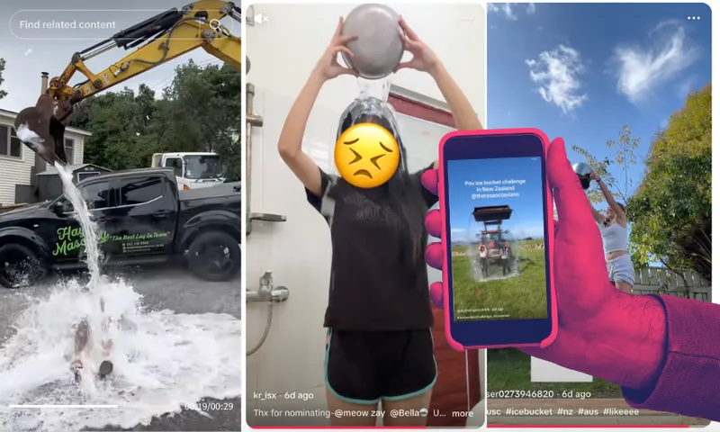 screenshots of people participating in the ice buckt challenge, mostly young people looking wet and a hand holding a cellphone