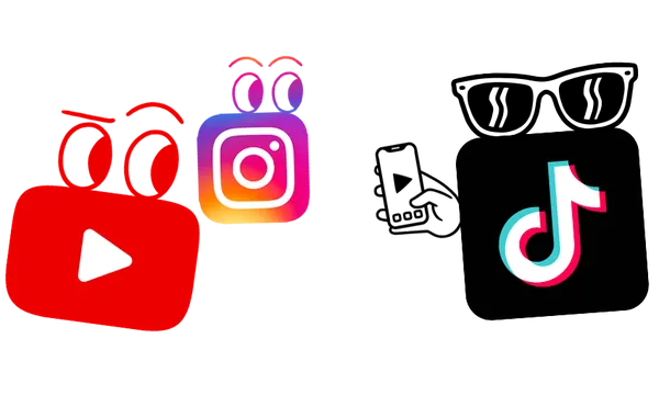 tiktok icon with cool shades watching a video while youtube and instagram icons look on in ENVY