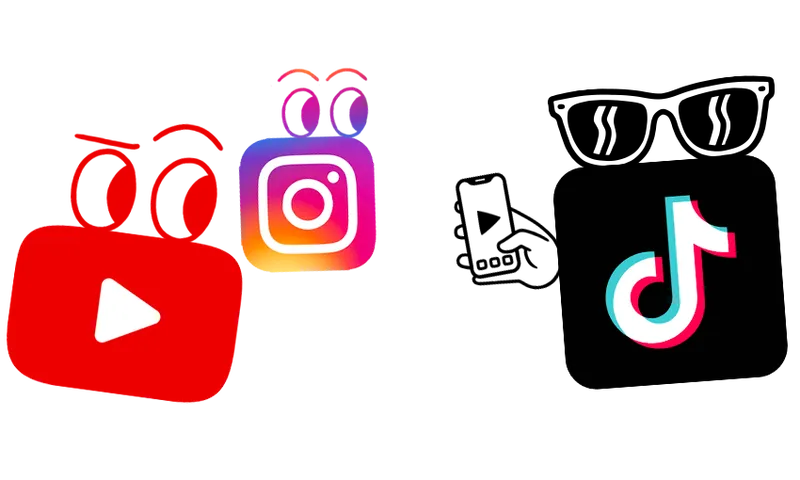 tiktok icon with cool shades watching a video while youtube and instagram icons look on in ENVY