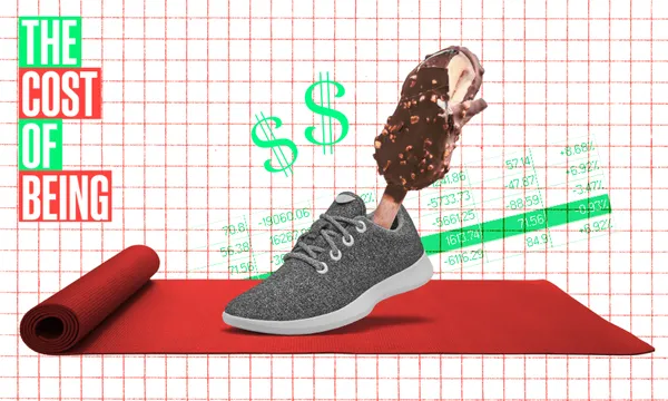 A shoe, an ice cream bar held by a hand, and a yoga mat are arranged on a red grid background with dollar signs and numbers. Bold text on the left reads “The Cost of Being.”.