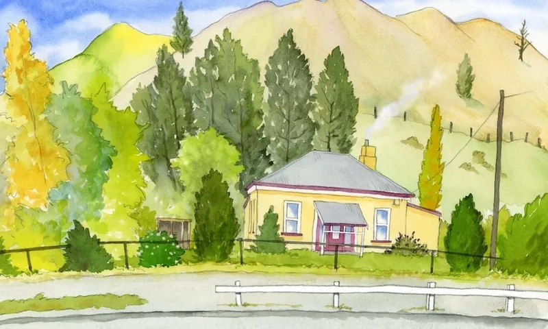 A watercolor painting of a small yellow house with a red door, surrounded by green trees and bushes, with smoke rising from the chimney and hills in the background under a blue sky.