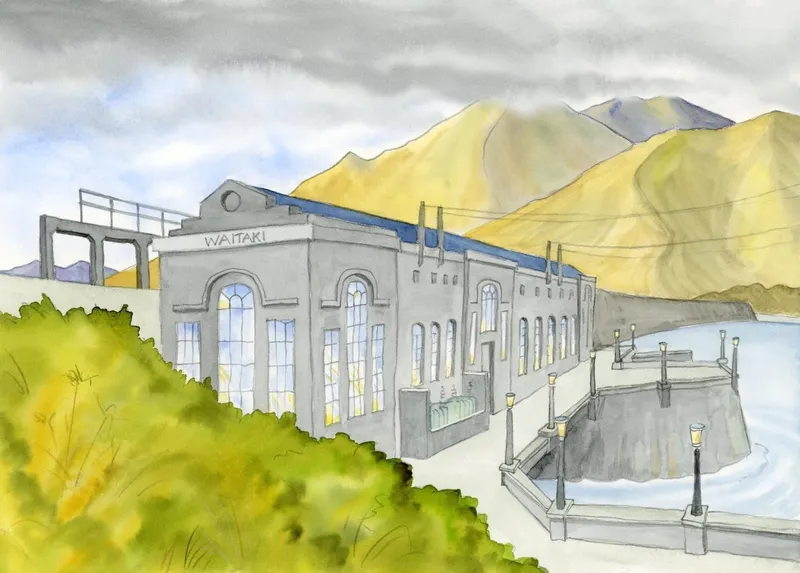 A watercolor painting of the Waitaki dam and power station, with tall windows, lamps along the path, mountains in the background, and greenery in the foreground under a cloudy sky.