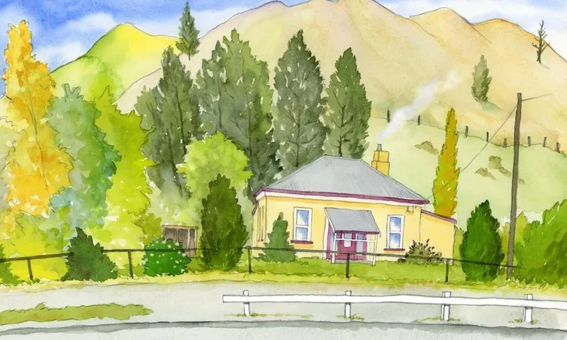 A watercolor painting of a small yellow house with a red door, surrounded by green trees and bushes, with smoke rising from the chimney and hills in the background under a blue sky.
