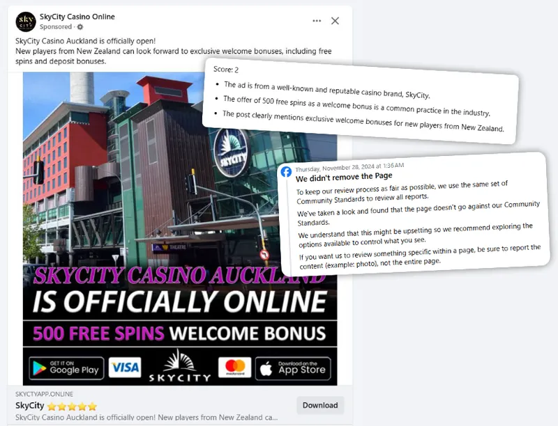 A Facebook scam ad for SkyCity Casino Auckland promotes its online launch and 500 free welcome spins. An overlaid comment from Meta AI discusses how to report posts that may breach Facebook guidelines.