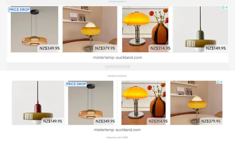 A web advertisement displays various modern lamps, including pendant and table lamps in yellow, orange, and red colors, with prices ranging from NZ$149.95 to NZ$379.95 from misterlamp-auckland.com.
