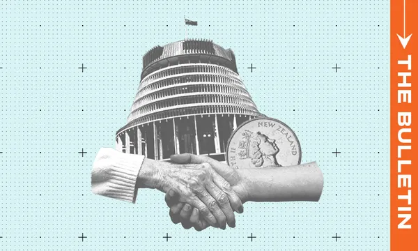 A collage featuring New Zealand’s Beehive building, a New Zealand coin, and two hands shaking, with “THE BULLETIN” written vertically on an orange stripe at the right edge.