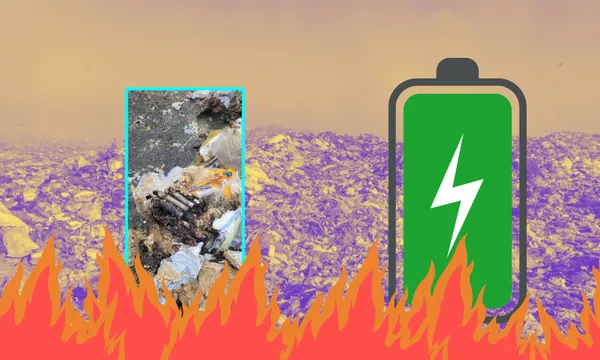 a textured landfill background with a battery and flames creeping up around the base of the image