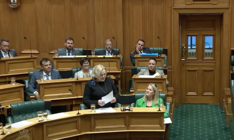 View inside the House of defence minister Judith Collins speaking next to Louise Upston.