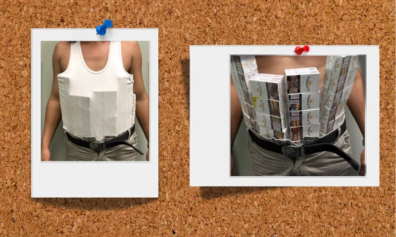 Two photos pinned to a corkboard: one shows a person wearing a white tank top with boxy shapes underneath; the other reveals packs of cigarettes concealed under the shirt and attached to a belt.