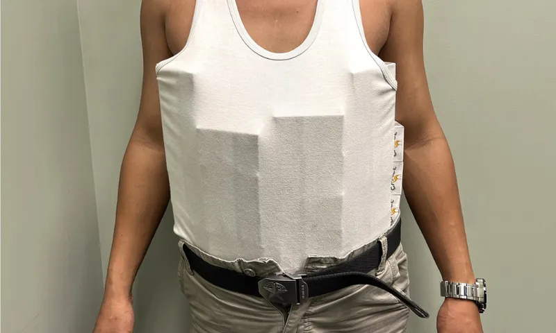 A person wearing a white tank top with two rectangular shapes visible underneath, which are cartons of cigarettes, along with beige pants, a black belt, and a silver wristwatch. The background is a plain light-colored wall.