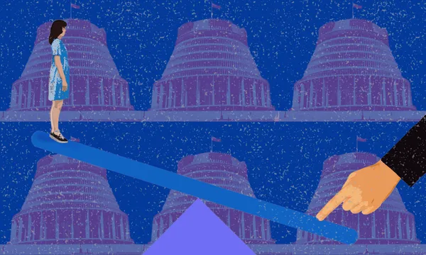An illustration of a woman standing on one end of a seesaw, with a large hand pressing down the other end. The background features repeated images of the Beehive