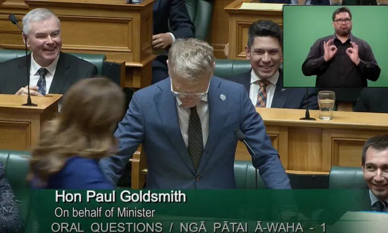 Nicola Willis enters the House as Paul Goldsmith is speaking.