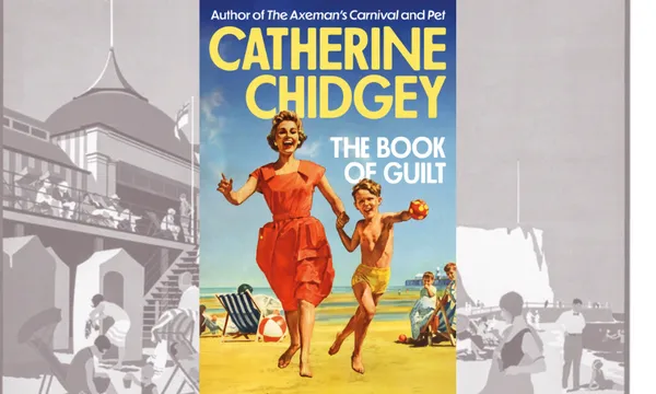 The cover of Catherine Chidgey's The Book of Guilt which shows a woman running on a beach with a young boy.