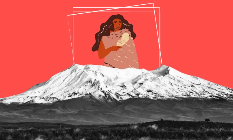 A stylised illustration of a woman holding a patu is superimposed above the snowy peak of a black-and-white mountain against a solid red background. White geometric lines frame the woman and child.