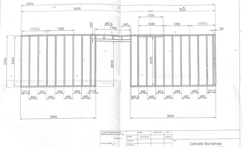 A wall frame blueprint for the Cahoots workshop office area.