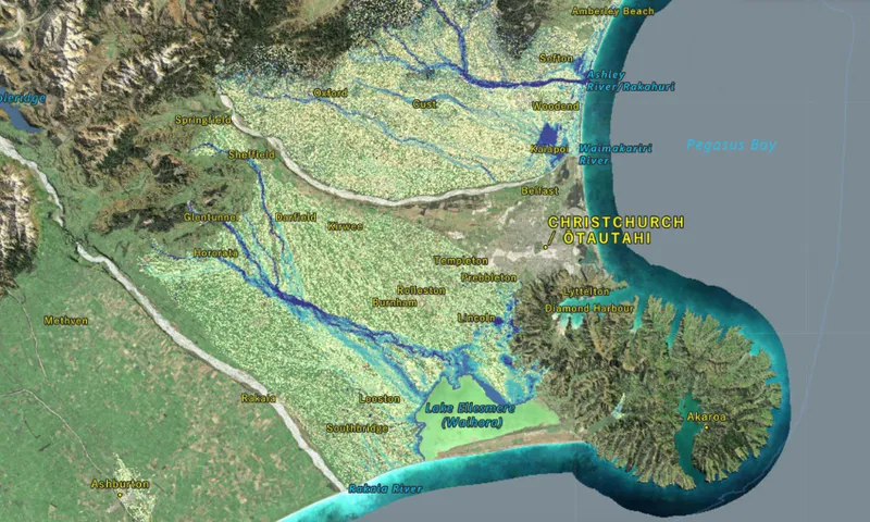 a screenshot of a model of the canterbury plains showing different river systems