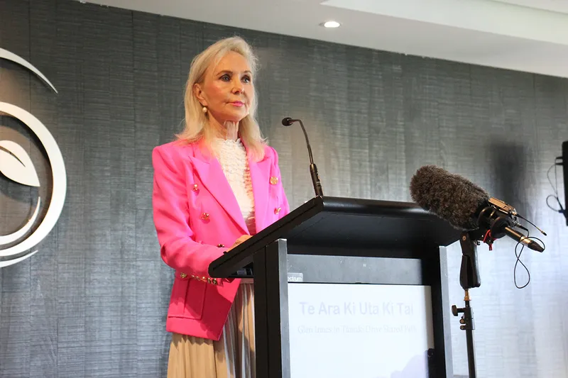 Desley simpson in pink standing at a lecturn