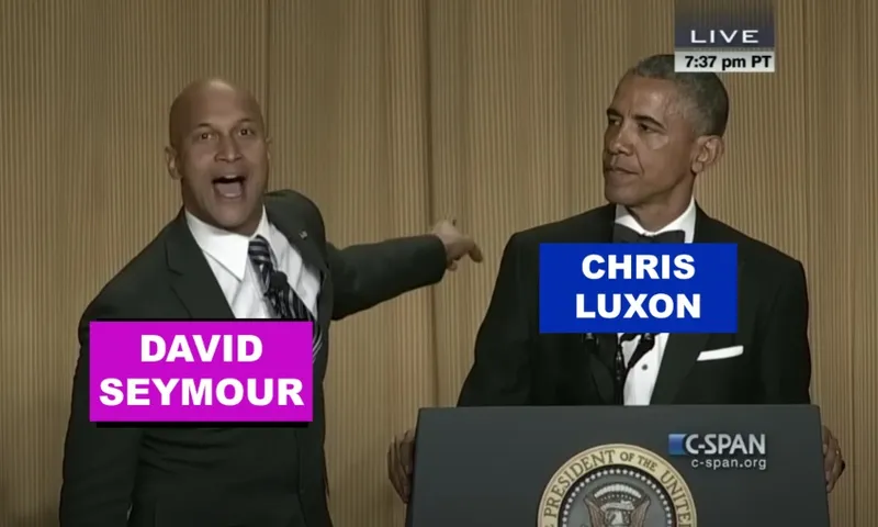 A man labeled "David Seymour" animatedly gestures beside former US president Barack Obama at a podium labeled "Chris Luxon," who is looking back at him unimpressed